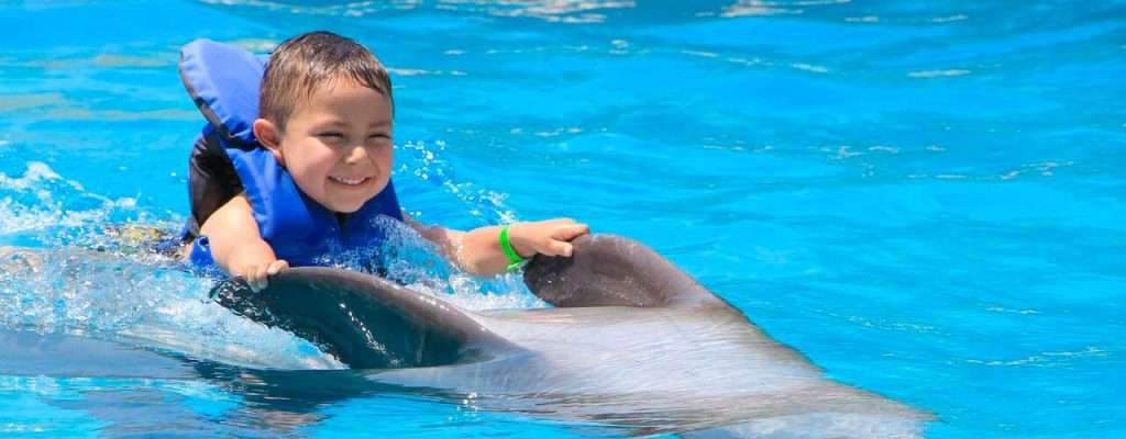 Boy riding a dolphin in Puerto Vallarta.